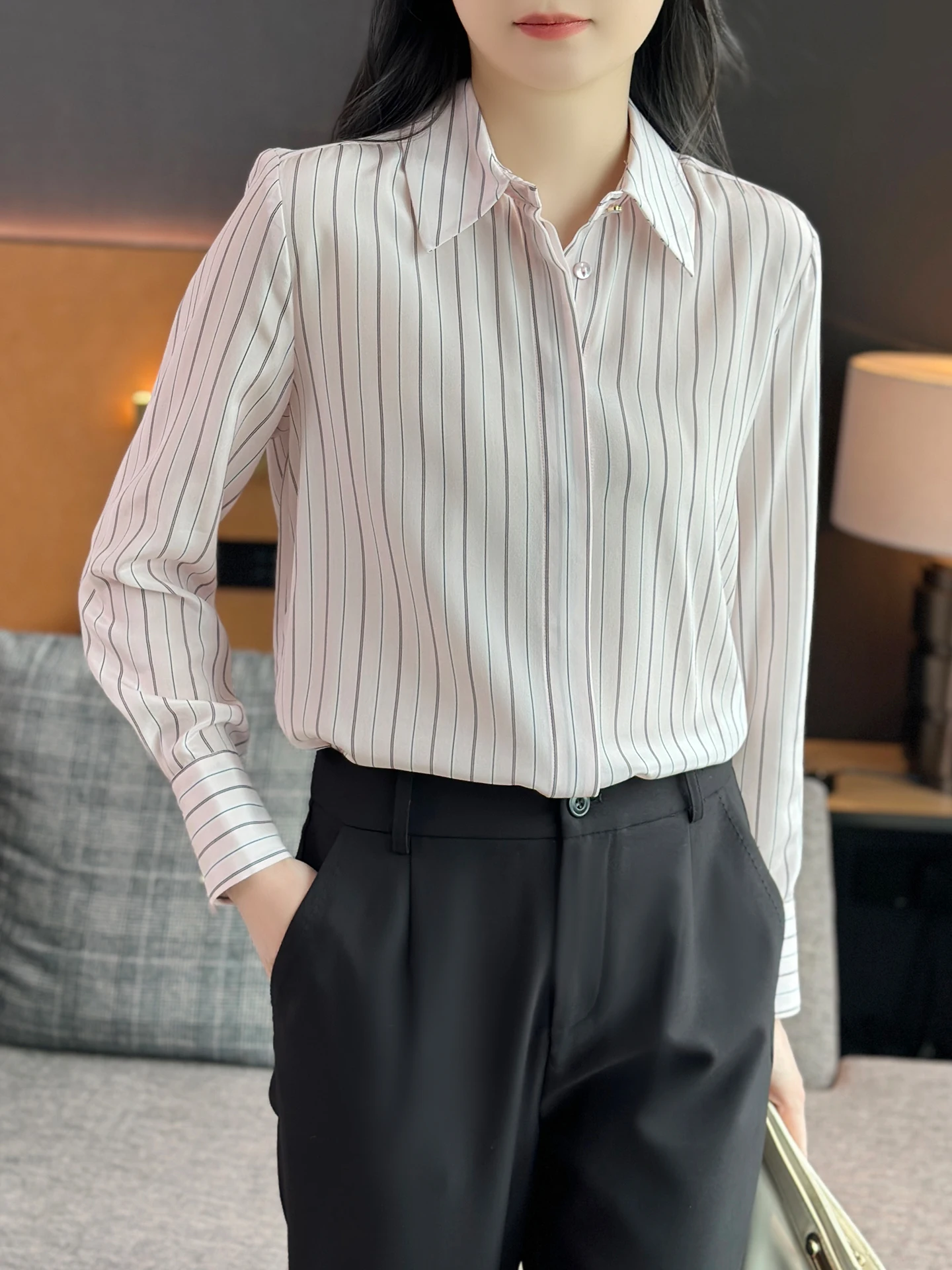 

Zuozhujia Silk Stripe Pattern Turn-down Collar Long Sve Women's irt Pink Commute Sle 00% Silk Breathable