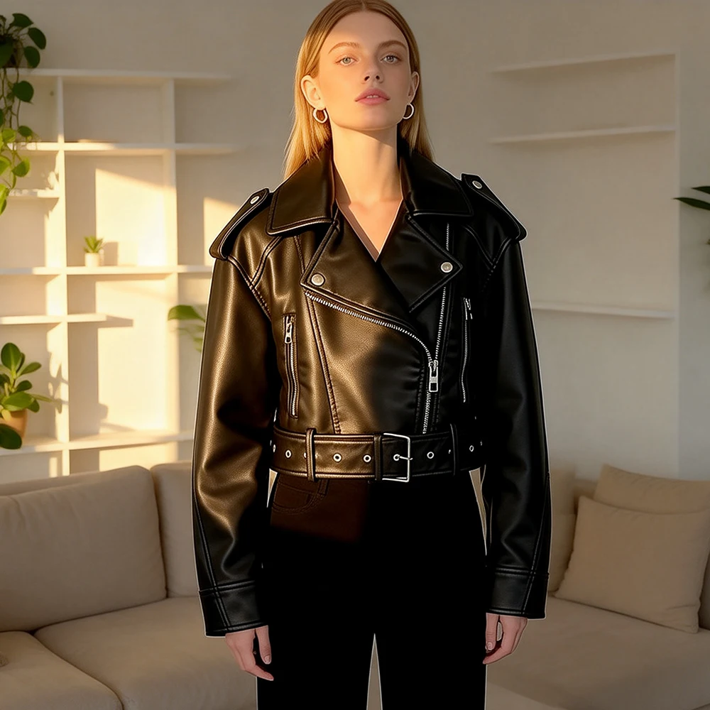 

Куртка из искусственной кожи OFTBUY для женщин, винтажная, свободного кроя, из ПУ, короткая, с поясом, уличная одежда, женская, на молнии, в стиле ретро, мотоциклетная куртка-косуха