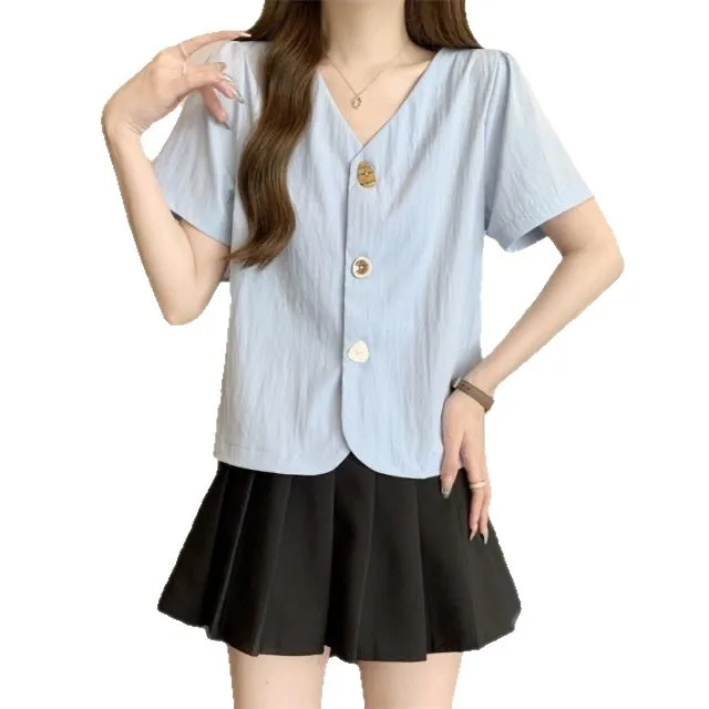 

Plus-size women's spring and summer new pure color loose slimming and age-reducing casual button short-sleeve shirt