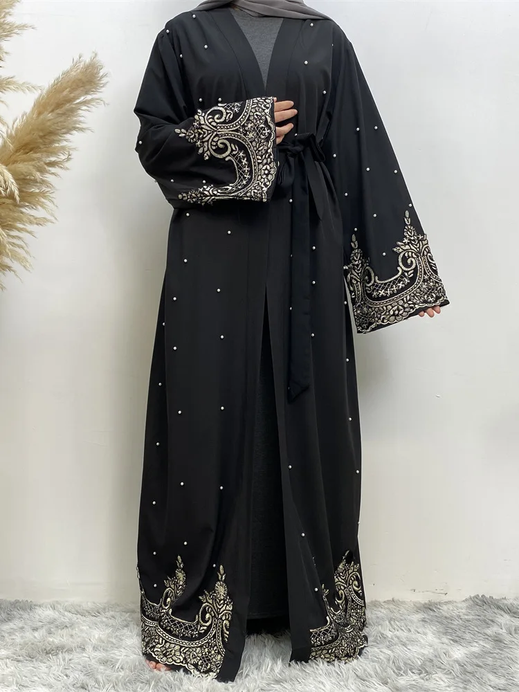 Hot Selling Open Abaya Women Clothes Lace With Pearls Design Muslim Fashion Kimono Long Kaftan Islamic Dubai Dresses For Women