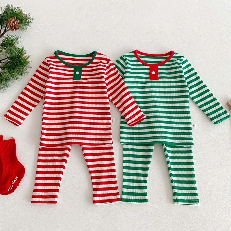 2024 New Year Clothing Suit Infant Baby Boys Girls Clothes Set Long Sleeved Cotton Striped T-shirt+Pants Christmas Costume