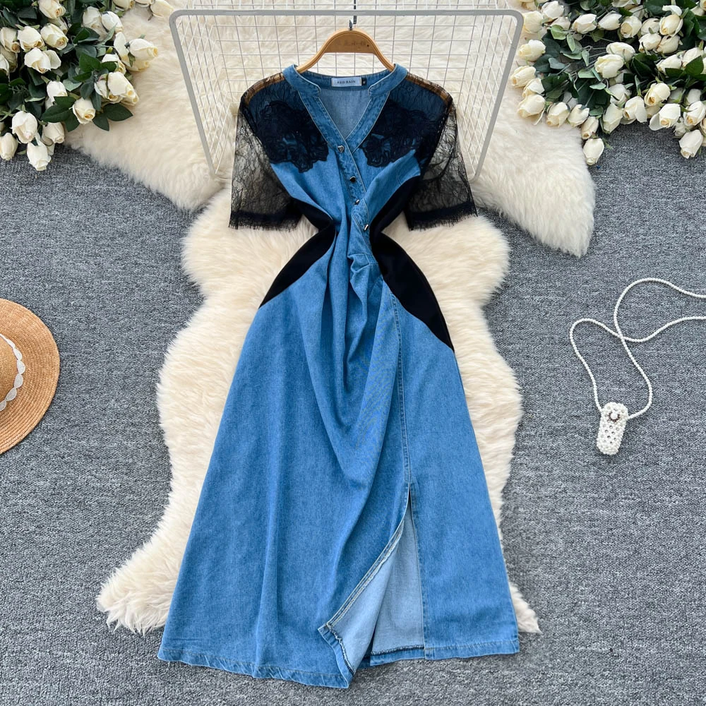 シックなヴィンテージ半袖偽ツーピースレースエレガントな妖精韓国ファッション自由奔放に生きるサンドレス女性服ロングドレス