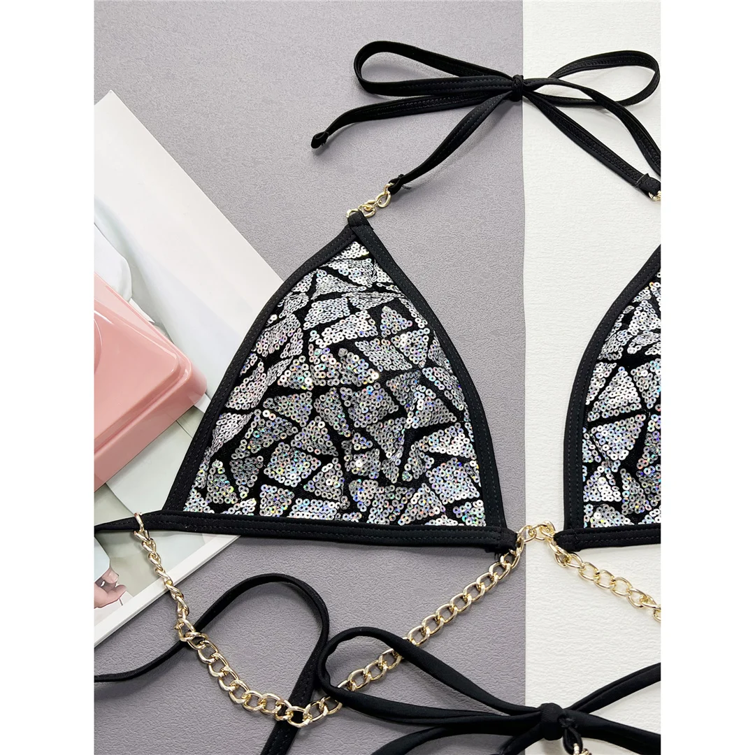 Neuer Bikini mit Pailletten, Metallketten und Neckholder, Damen-Badeanzug, zweiteiliger Bikini-Set, Badebekleidung, Badeanzug, Schwimmanzug V4865 – Detail 11