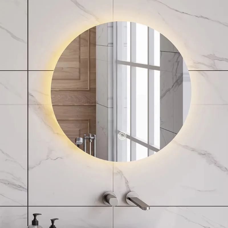 [Vendita calda] Specchio da bagno illuminato dimmerabile con interruttore tattile da pollici personalizzato Specchio retroilluminato a LED rotondo montato a parete con luci