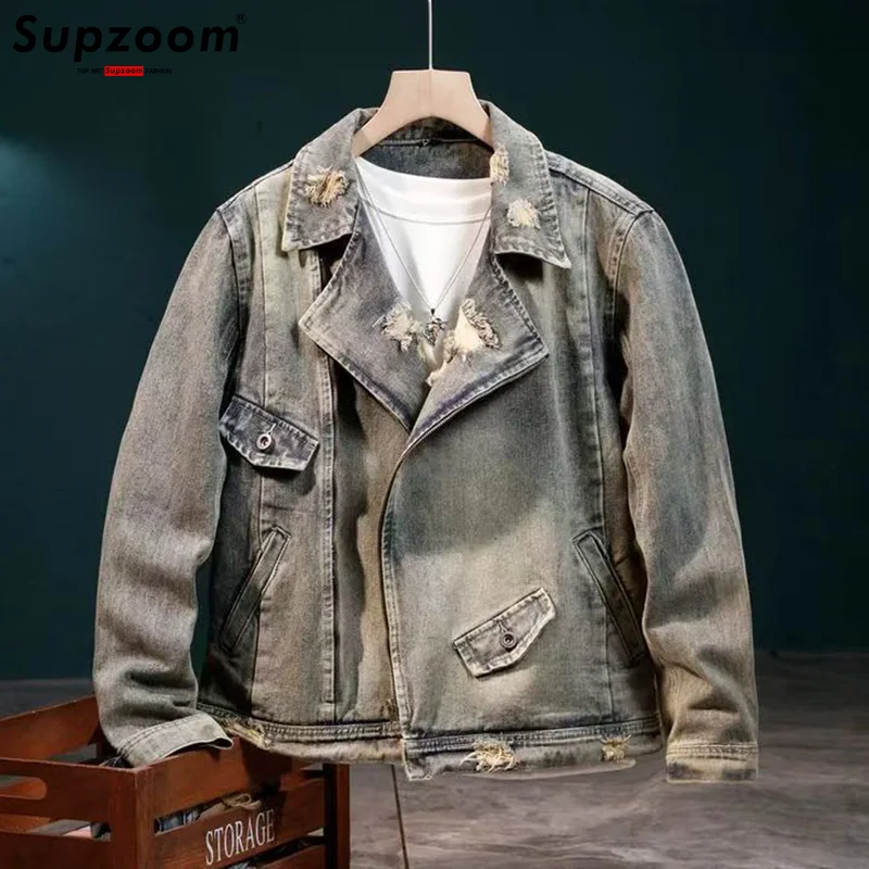 

Supzoom Новое поступление, модная осенне-зимняя свободная хлопковая модная джинсовая куртка на молнии с лацканами, мужское пальто