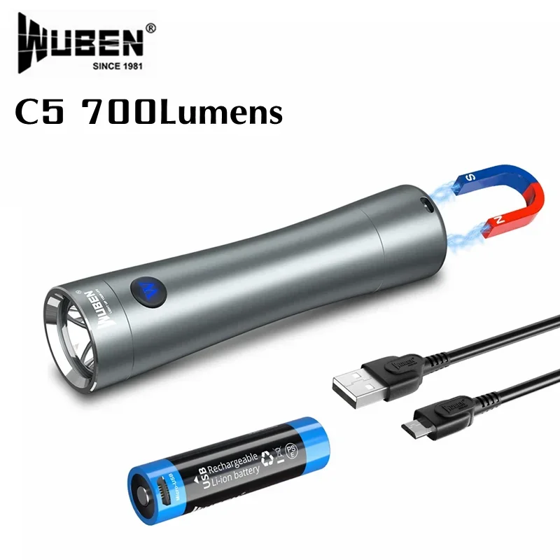 WUBEN C5 Mini EDC Flashlight 700Lumens Waterproof Portable Pocket LED Torch With 14500 Rechargeable Battery Magnetic Tail Light