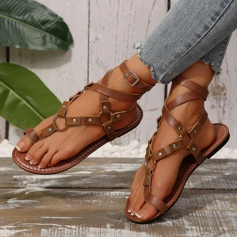 Summer Shoes Plus Size Clip Toe Women's Sandals Casual Women Rivet Buckle Strap Sandales Femmes Flat Ankle-wrap Shoes for Women image 4