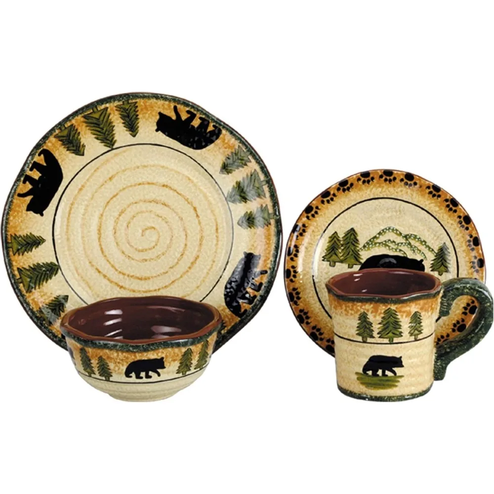 Rustic Bear 16 Piece Ceramic Dinnerware Set with Plates, Bowls and Mugs, Rustic Cabin Lodge Style