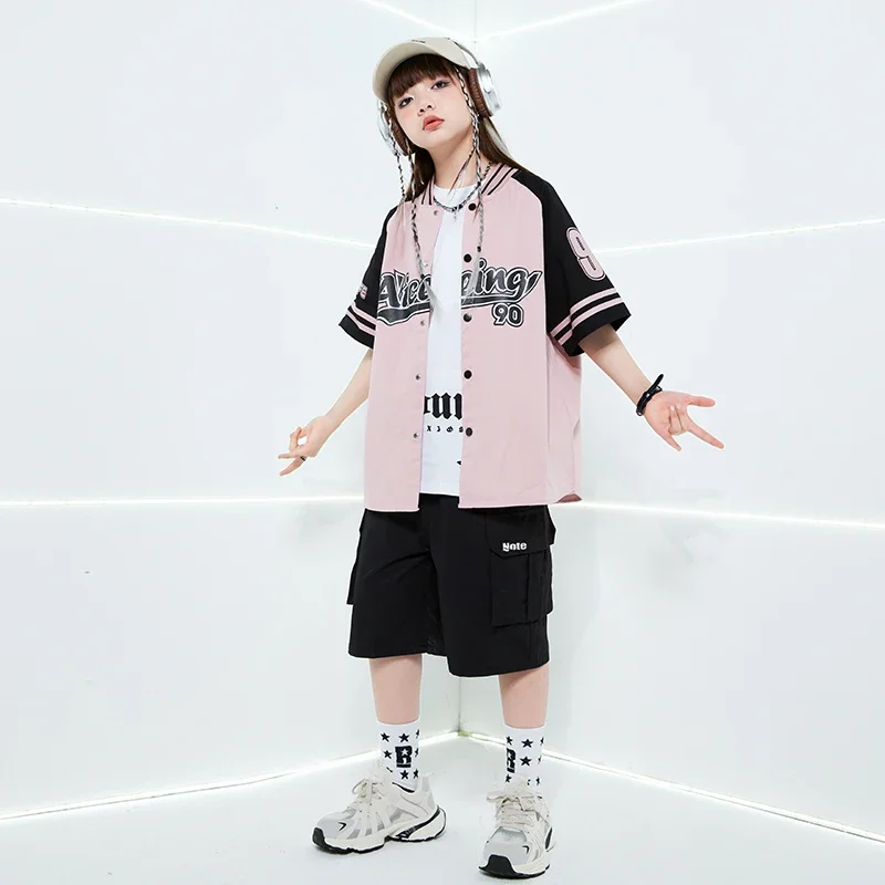 Manteau de Baseball rose Hip Hop pour filles, tenue short pour garçons, veste de danse de rue, ensembles de vêtements d'été Jazz pour enfants, Costumes Streetwear