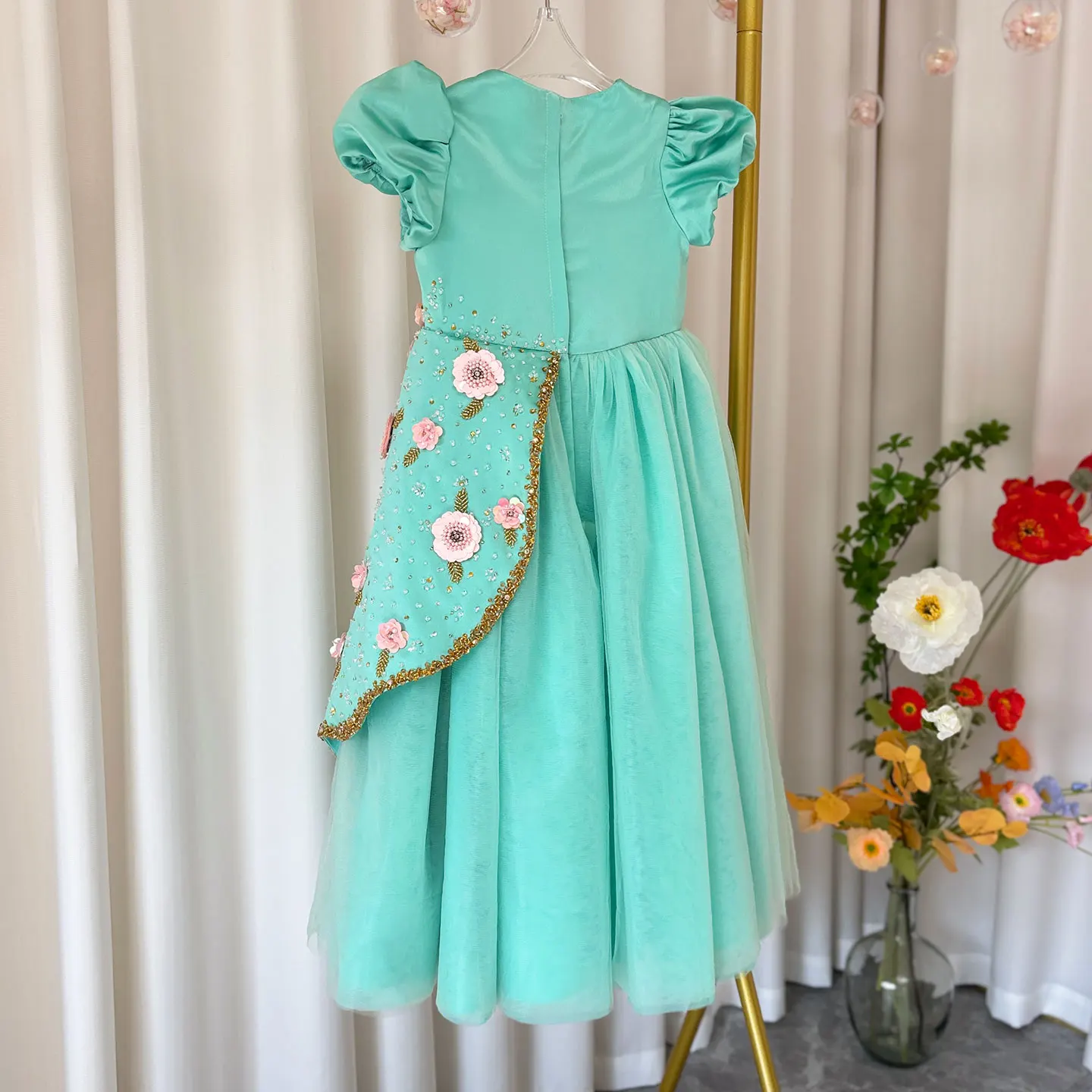 Jill Wish Luxury Turquoise Girl Dress Beadeds Arabic Nika Princess Kids Wedding Birthday Party Pageant Communion Gown 2024  J143