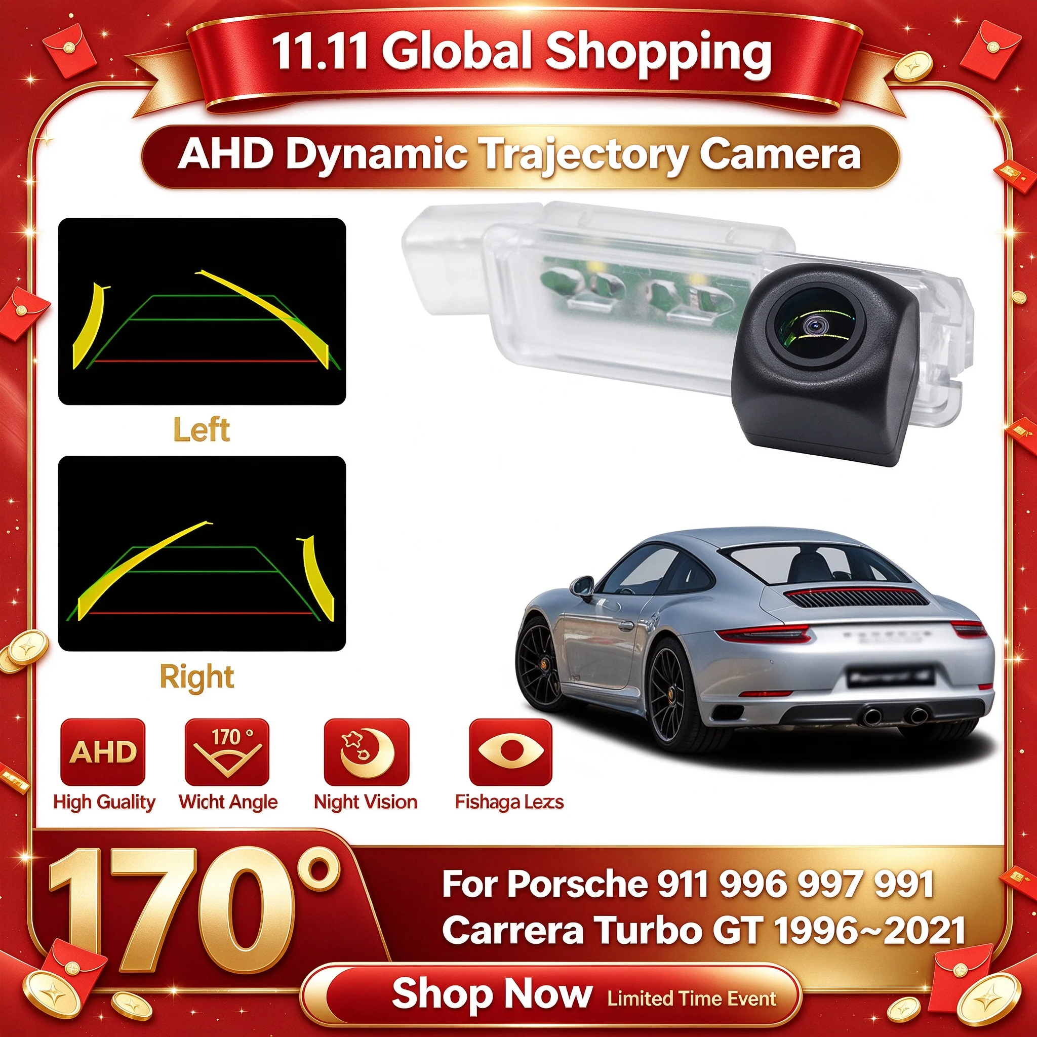 Reverse Camera For Porsche 911 996 997 991 Carrera Turbo GT 1996~2021 Rear View Parking Camera Night Vision License Plate Light