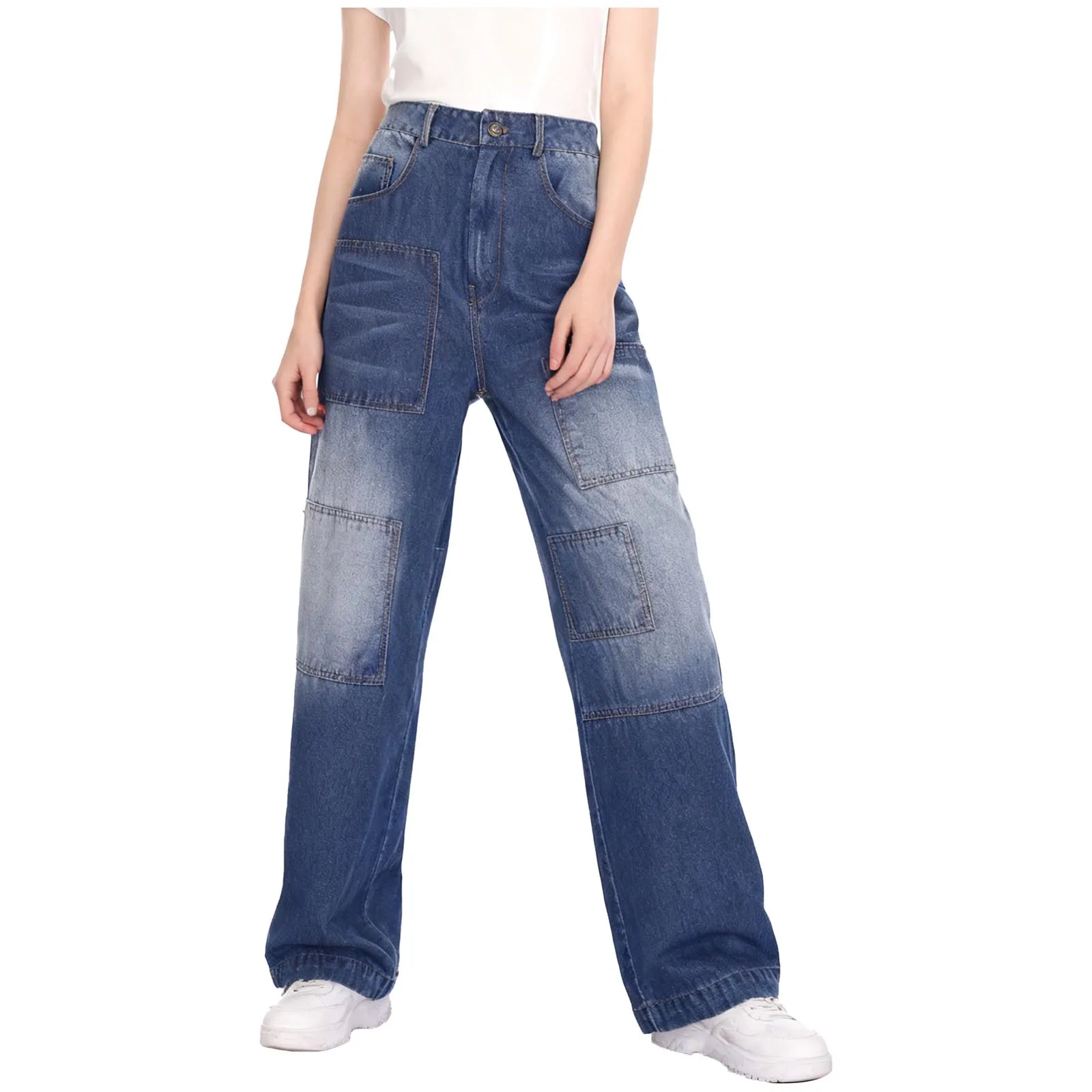 

Womens Y2K Baggy Jeans Patch Details Distressed Wide Leg Denim Pants Loose Long Pants Fashion Trousers for Daily Casual Weekend