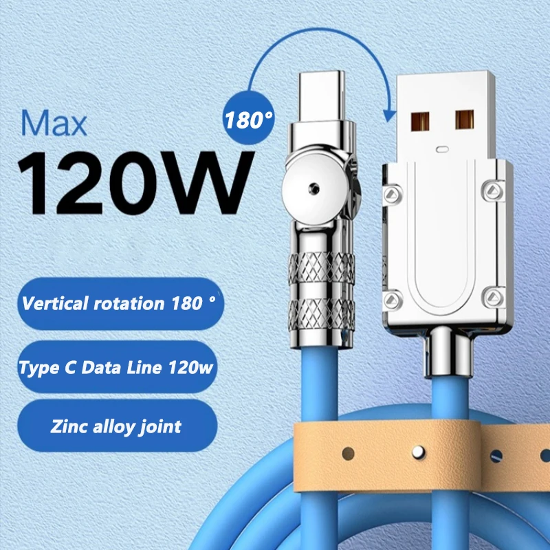 120W 7A Fast Charge USB Type C Cable 180 Degree Rotation Elbow Cable for Game for Xiaomi Redmi Honor Phone Charger USB C Cable