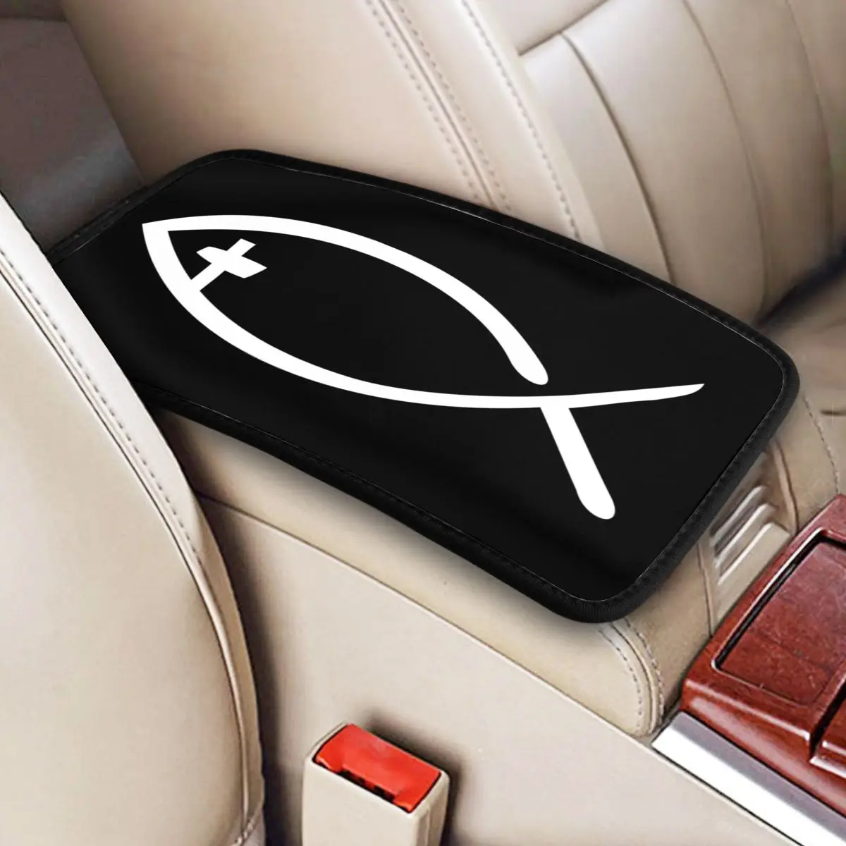 Jesus Cross Fish Car Armrest Cover Mat Anti-Slip Christian Center Console Pad Storage Box Cushion Pad Car Interior Accessories