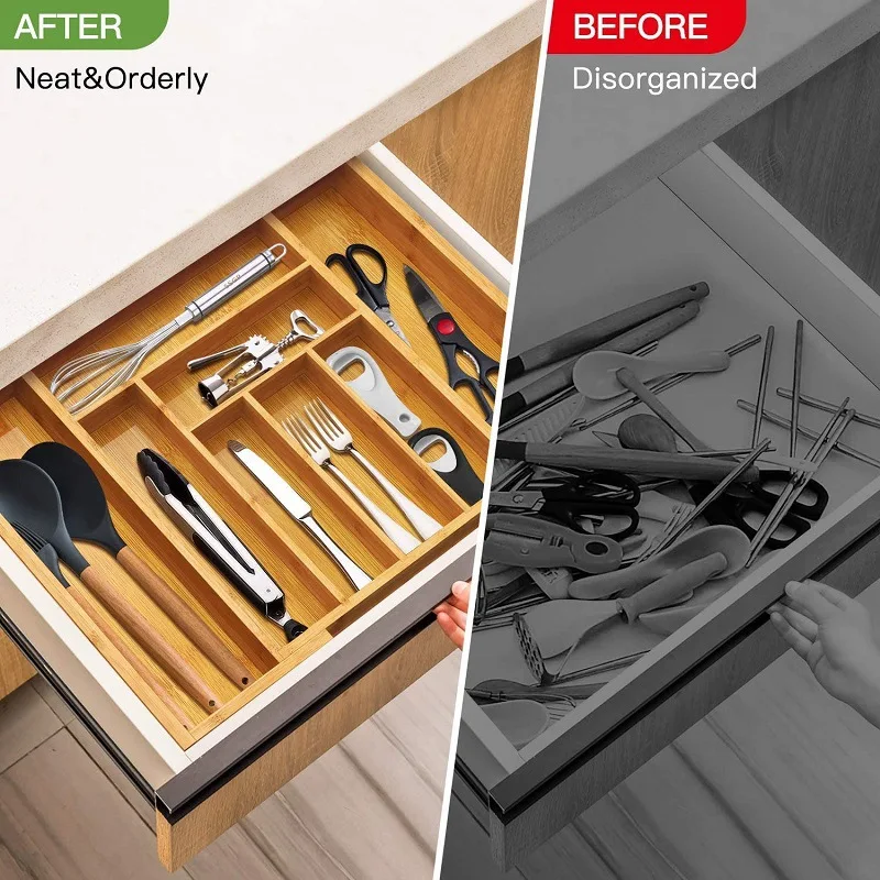 Expandable Bamboo Cutlery Tray Drawer Divider Box, Fork, Spoon, Chopsticks Storage Box, Cutlery Divider Storage Rack Organizer,