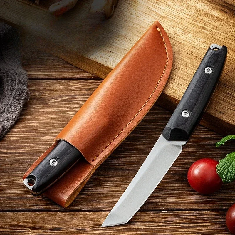 Outdoor straight knife 3Cr13 stainless steel blade, wooden handle with knife cover, travel camping tool, men's gift