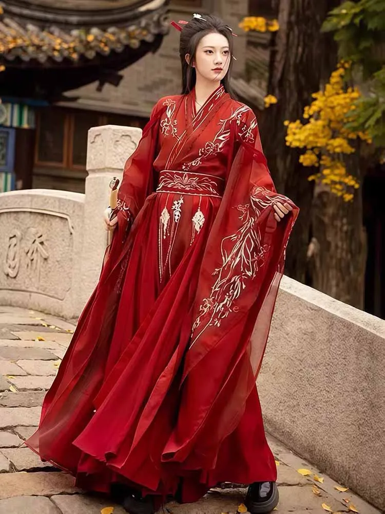 Women Hanfu Set Heavy Embroidery Wei Jin Style Ancient Chinese Wide Sleeve Robe White Red Female Swordswoman Cosplay Costume