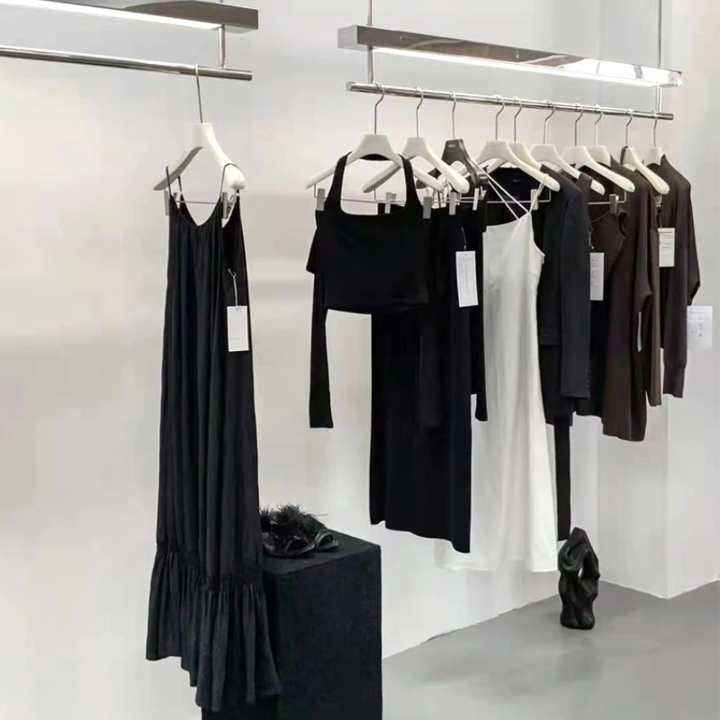 Clothing Store Display Stand Women's Clothing Store Stainless Steel Display Rack Light Strip Steel Wire Hanger Clothes Rack