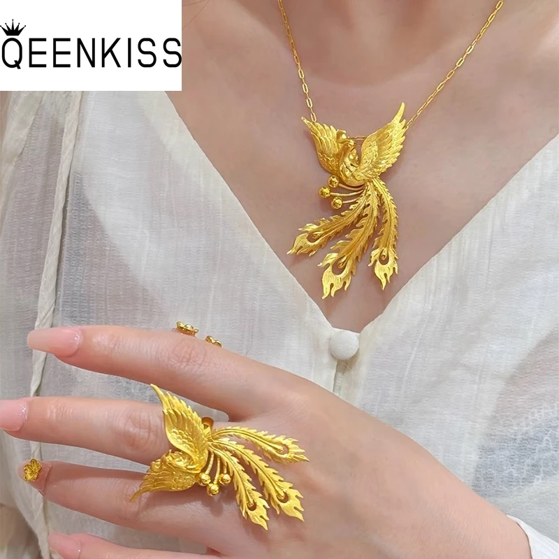 

QEENKISS 24KT Gold Vintage Phoenix Necklace+Ring For Women Wedding Party Birthday Christmas Bride Girlfriend Ladies Gifts JS595
