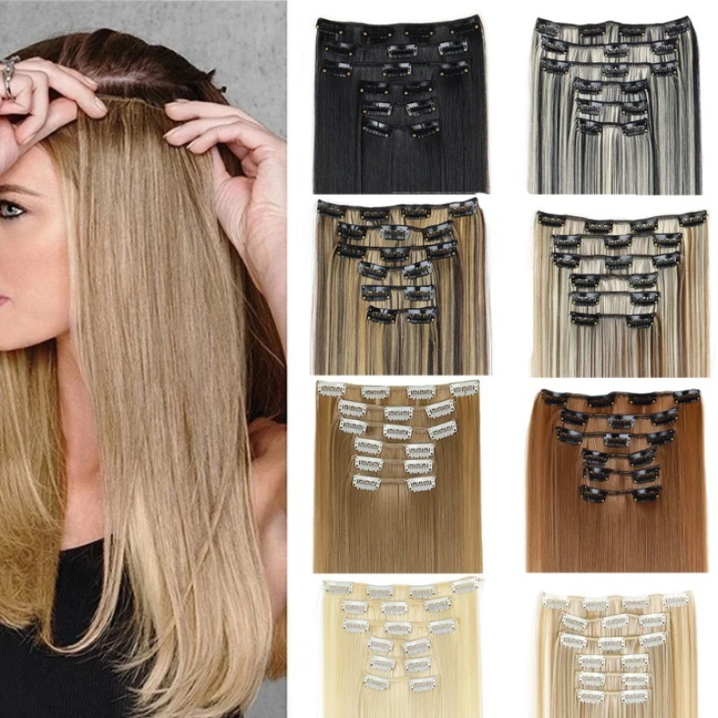 

Синтетические накладные пряди для волос, термостойкие, блонд/черные, 6 шт./набор, 16 заколок, длинные прямые, для наращивания волос