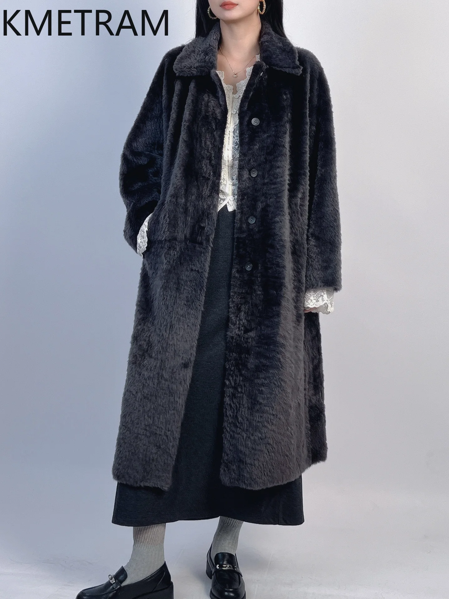 KMETRAM 天然羊毛付きコート ダークグレー ロングリアルファーコート 女性服 冬 新作 アウターウェア шуба