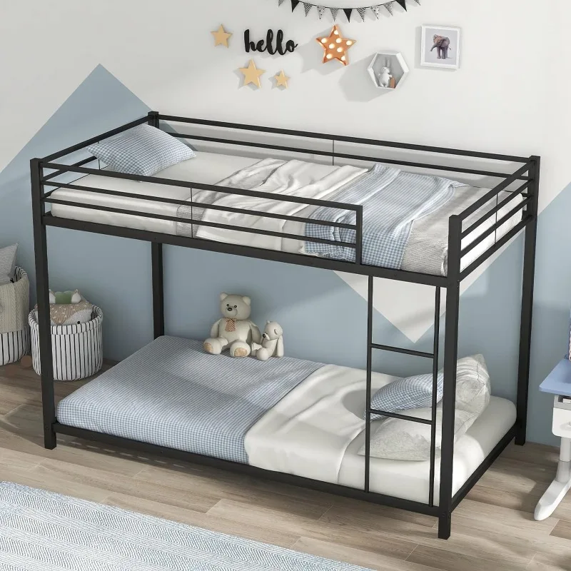 

Metal Low Bunk Bed Twin Over Twin, Heavy Duty Bunk Bed Frame with Ladder & Full-Length Guardrails, Metal Slatted Floor