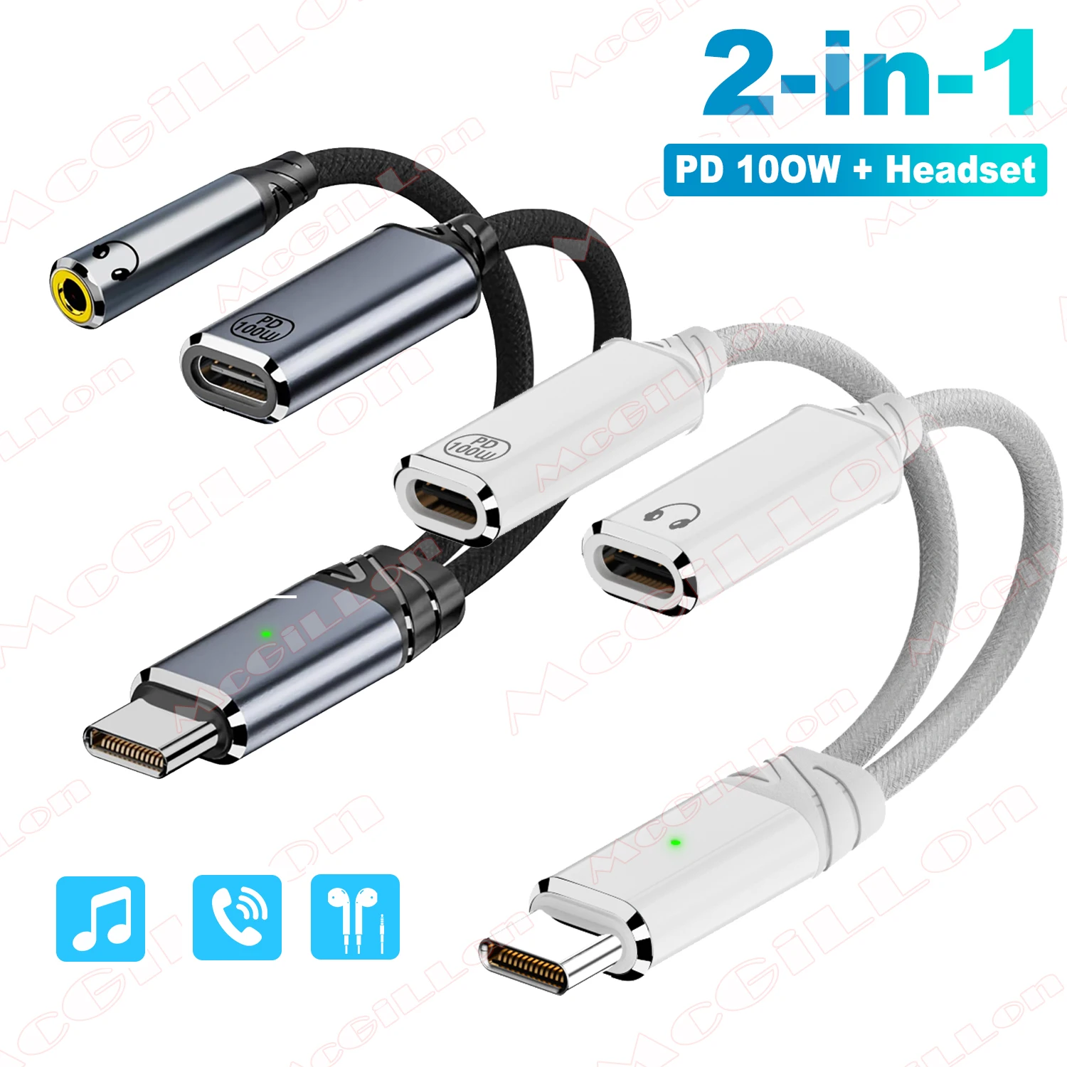 100W PD Fast Charger Cable 2 in 1 USB C Splitter Type C Headphones Jack Audio Adapter For Samsung S24 Xiaomi Huawei iPhone 15 16