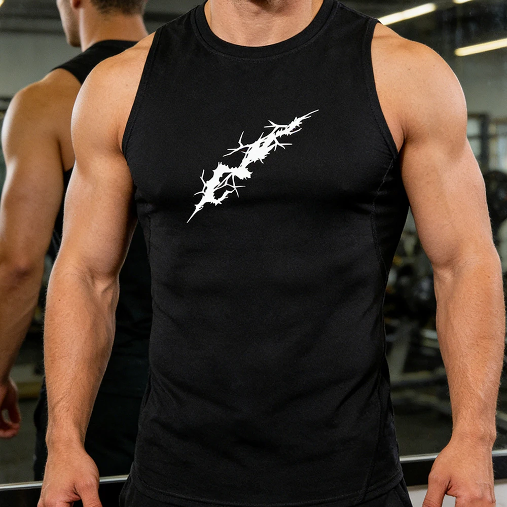 Y2K Training Compression Vest Men's Quick Dry Tight Shirt with Dark Aesthetic Thorn Graphic Print Sleeveless Base Layer for Gym