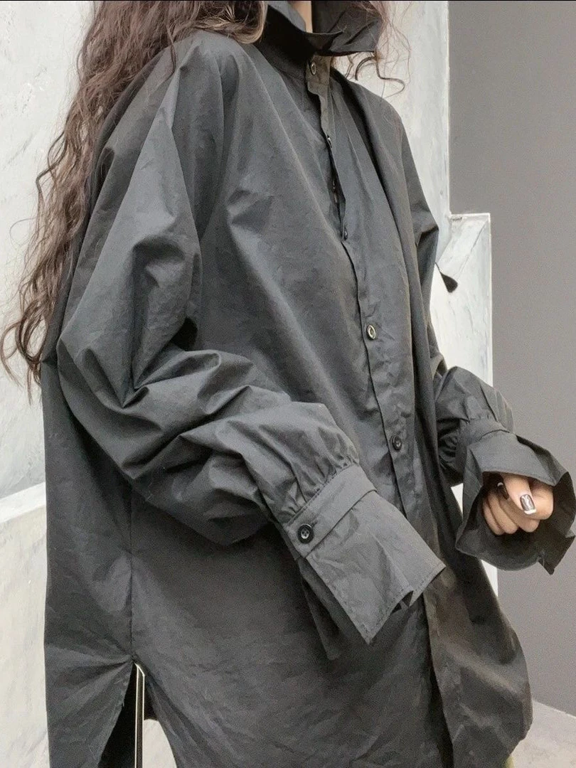 

Faionable Ретро воротник-стойка плиссированный деревянный ain Bell Sve Long Sve irt весна 2025 женский деловой повседневный стиль