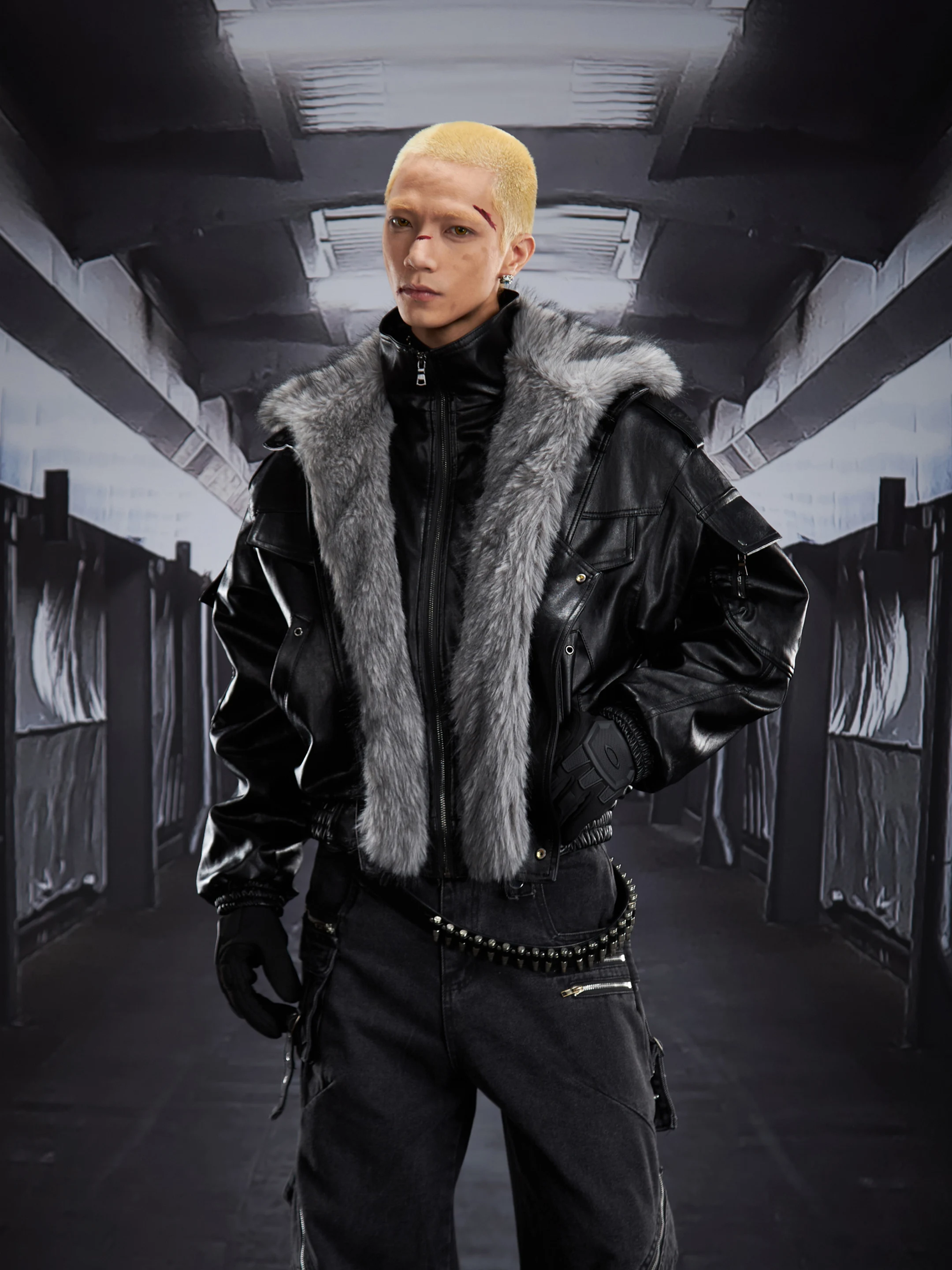 Dark Functional Futuristic Detachable Fur Collar Deconstructing Heavy Work Quilted Leather Jacket Thickened Winter