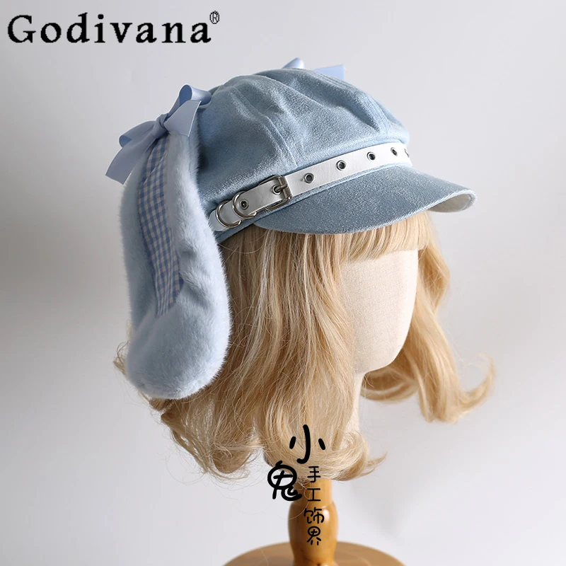 

Japanese Original Lolita Plaid Bunny Ear Hat Y2K Subculture Beret Cute Anime Decorative Hat