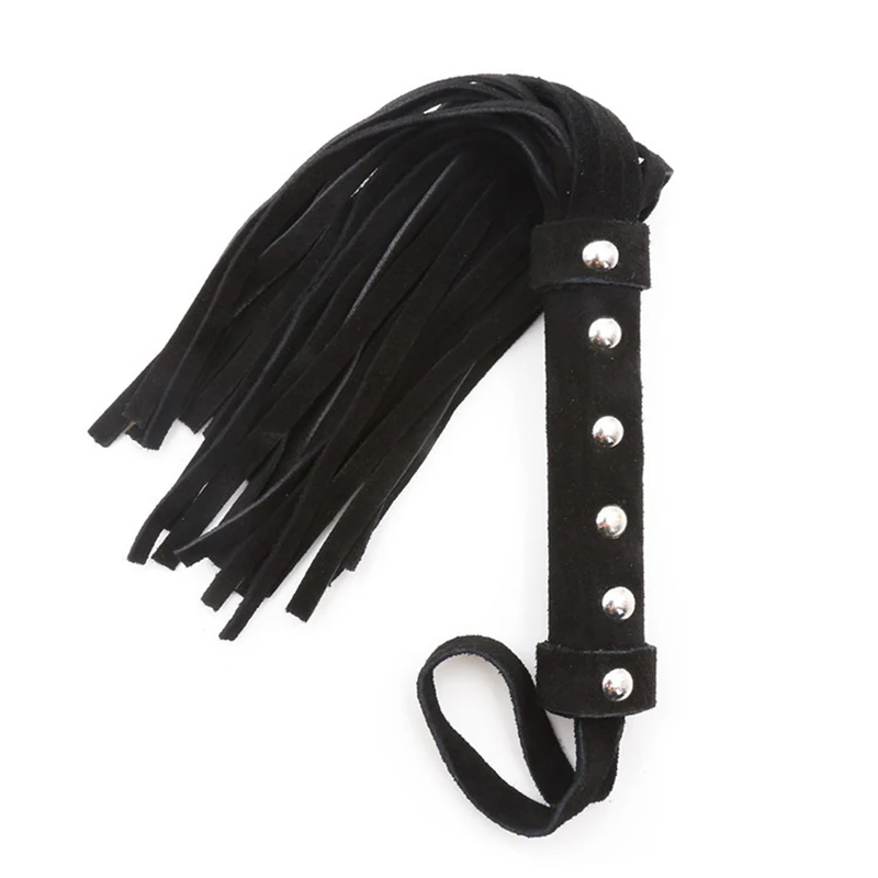 27cm Black Two Side Plush Genuine Leather Short Whip Rivet Inlay Handle Tassels Horse Whip Riding Crop Flogger Horse Training