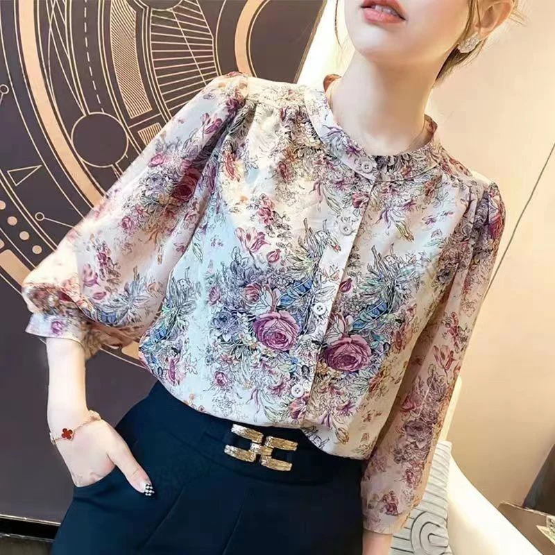 Vintage Elegant Women\'s Chiffon Shirt O-Neck Lantern Sleeve Printed Top Casual Office Lady trend Slim Shirts and Blouses French