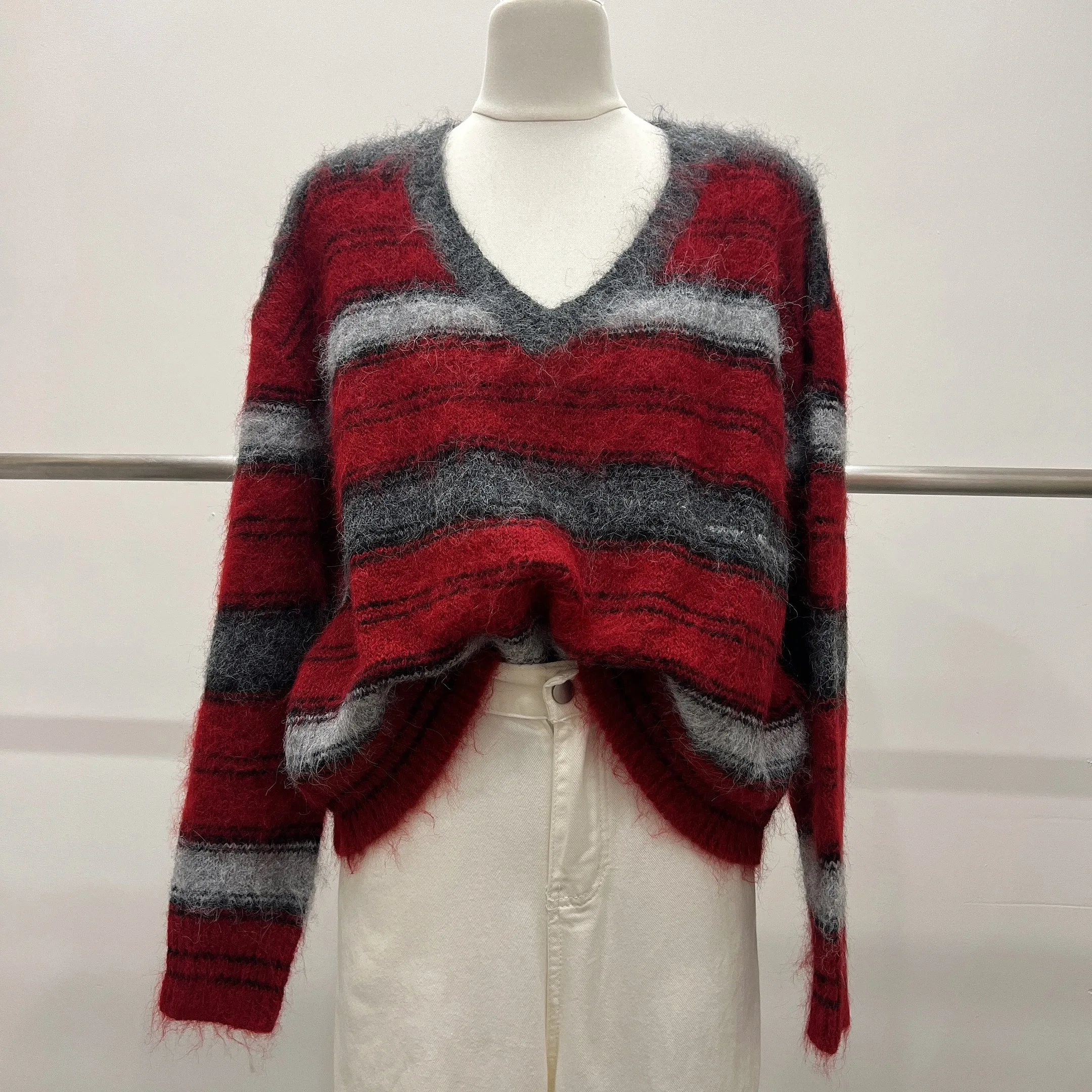 Striped Red Sweater with High Quality Mohair New Loose and Lazy Style Female Outside Knitted Pullovers Jumper Top C27