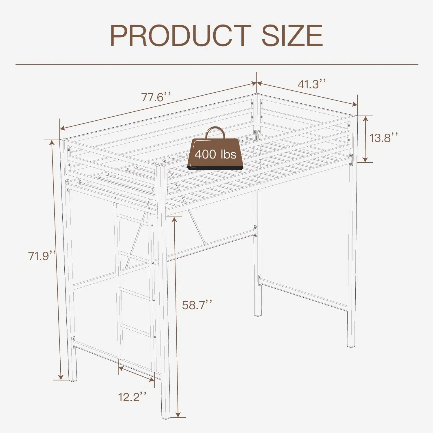 Metal Loft Bed Twin Size, Multifunctional Twin Bed with Safety Guard & Removable Ladder, Space-Saving/Noise Free/No Box