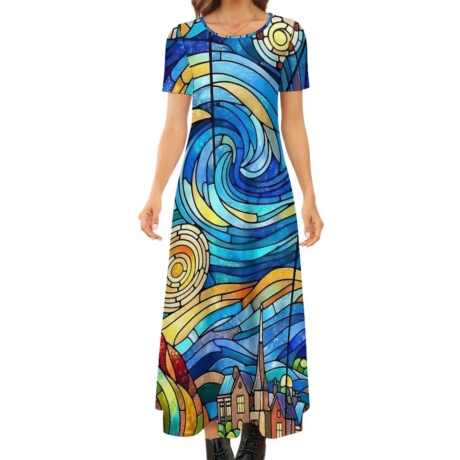 The Starry Night Dress Stained Glass Print Cute Maxi Dress Woman Short Sleeve Street Wear Boho Beach Long Dresses 5XL 6XL 7XL