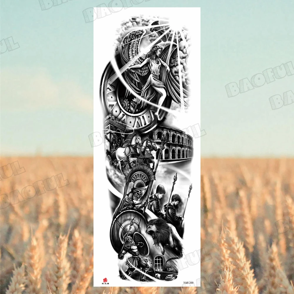 Full Sleeve Temporary Tattoos For Women Men Wolf Lion Tiger Rose Flower Knight Compass Fake Tattoo Sticker Sexy Arm Tatoos DIY