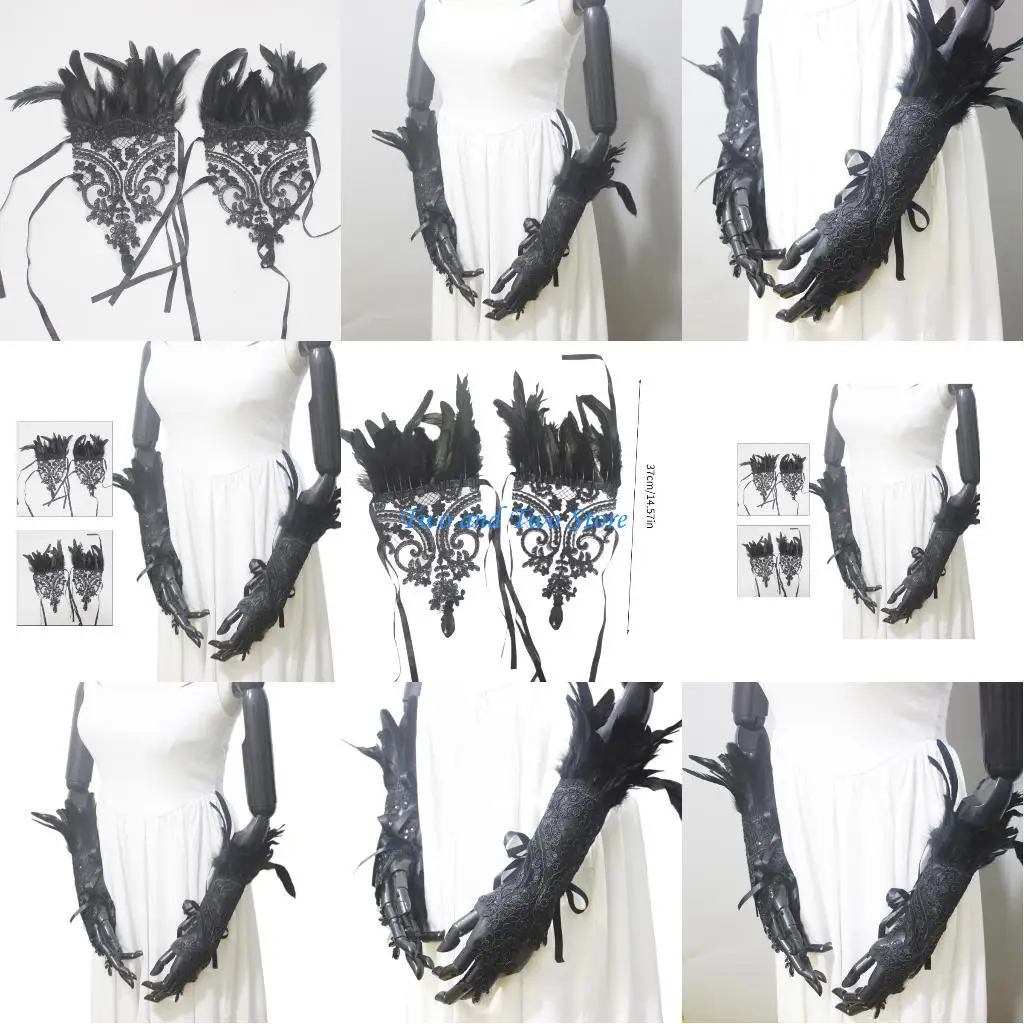 

HX6F Fashion Feathered Flower Lacework Long Gloves Bridal Wedding Gloves with