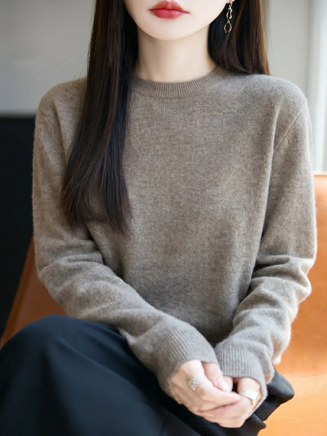 Elegant  Color Loose Knitted Sweater Women's round Neck Base Shirt Spring Autumn Fashionable plus Size Inner Wear