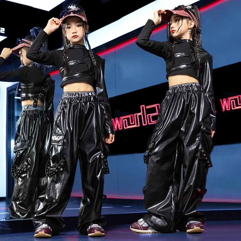 Girls' Jazz Dance Costumes Fashion Women's Group Performance Black Suit Kpop Dance Set Black Leather Heatwave Phat Pants 10 12