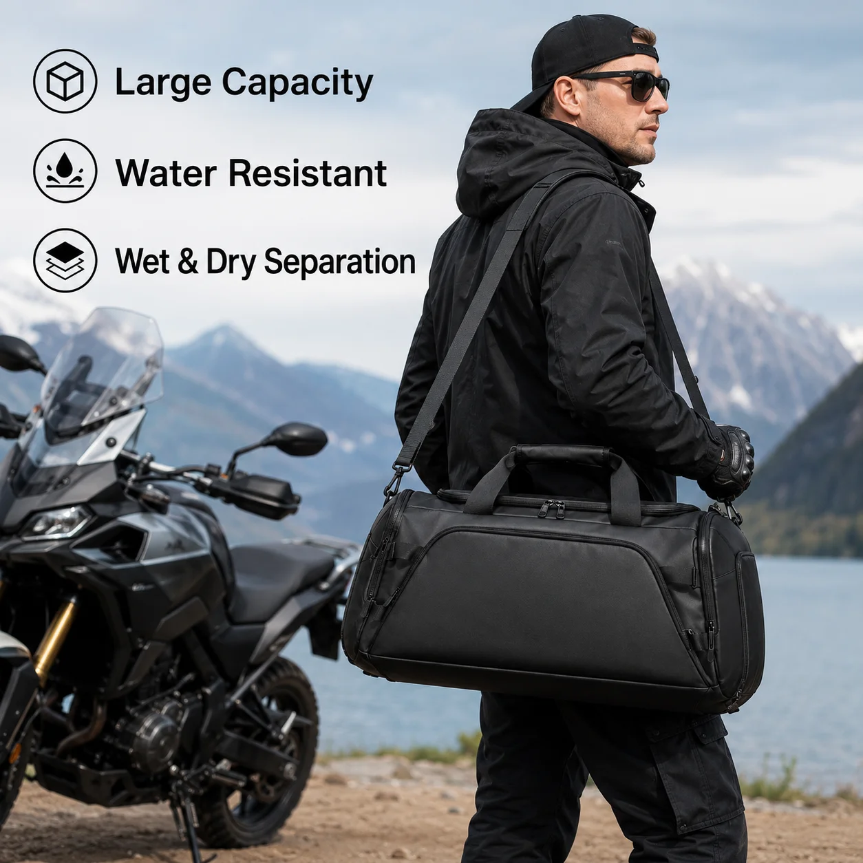 Motorbike Backpack Duffel Bag Water Resistant Large Capacity Riding Travel Bag Wet Dry Compartment Convertible Outdoor Pack