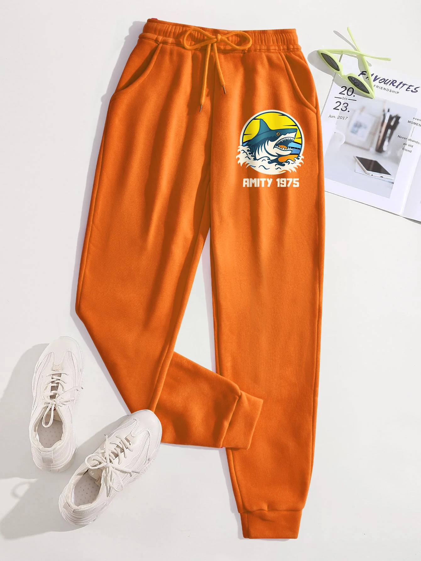 Cartoon Shark Creative Printed Women Sweatpants Casual Pants Versatile Pocket Trousers Comfortable Drawstring Pants Trendy Pant