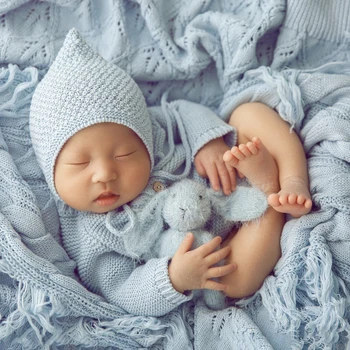 Chapeau de photographie bleu pour nouveau-né, vêtements doux, couverture ronde, accessoires de pose, studio photo pour bébé, 0-1 mois