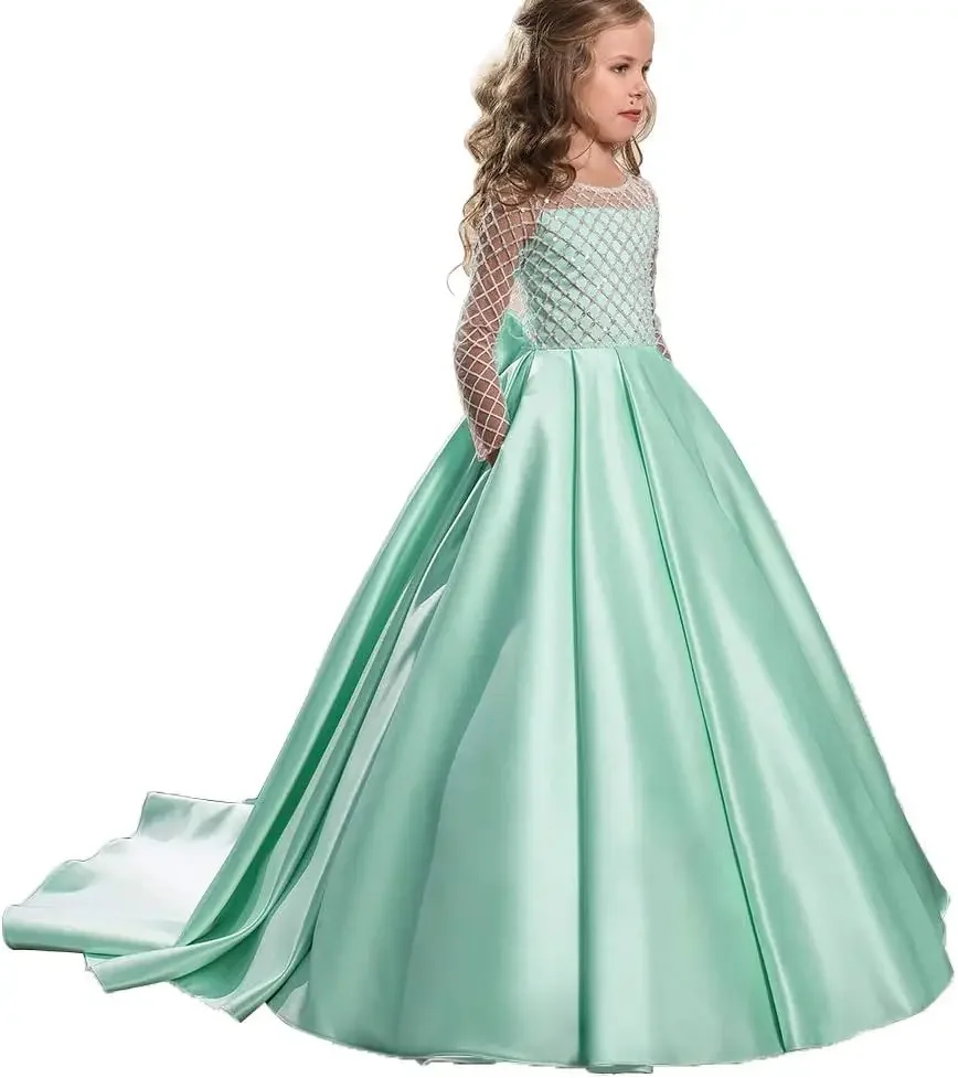 

Flower Girl Dress Floor Length Button Draped Tulle Ball Gowns for Kids Girls Kids Clothes Baby Girl Dress