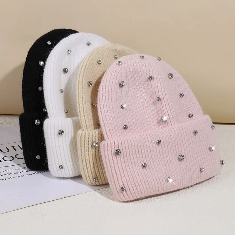 New rabbit hair rhinestone knitted woolen hat female autumn and winter warm thickened fashion everything sweet baotou hat