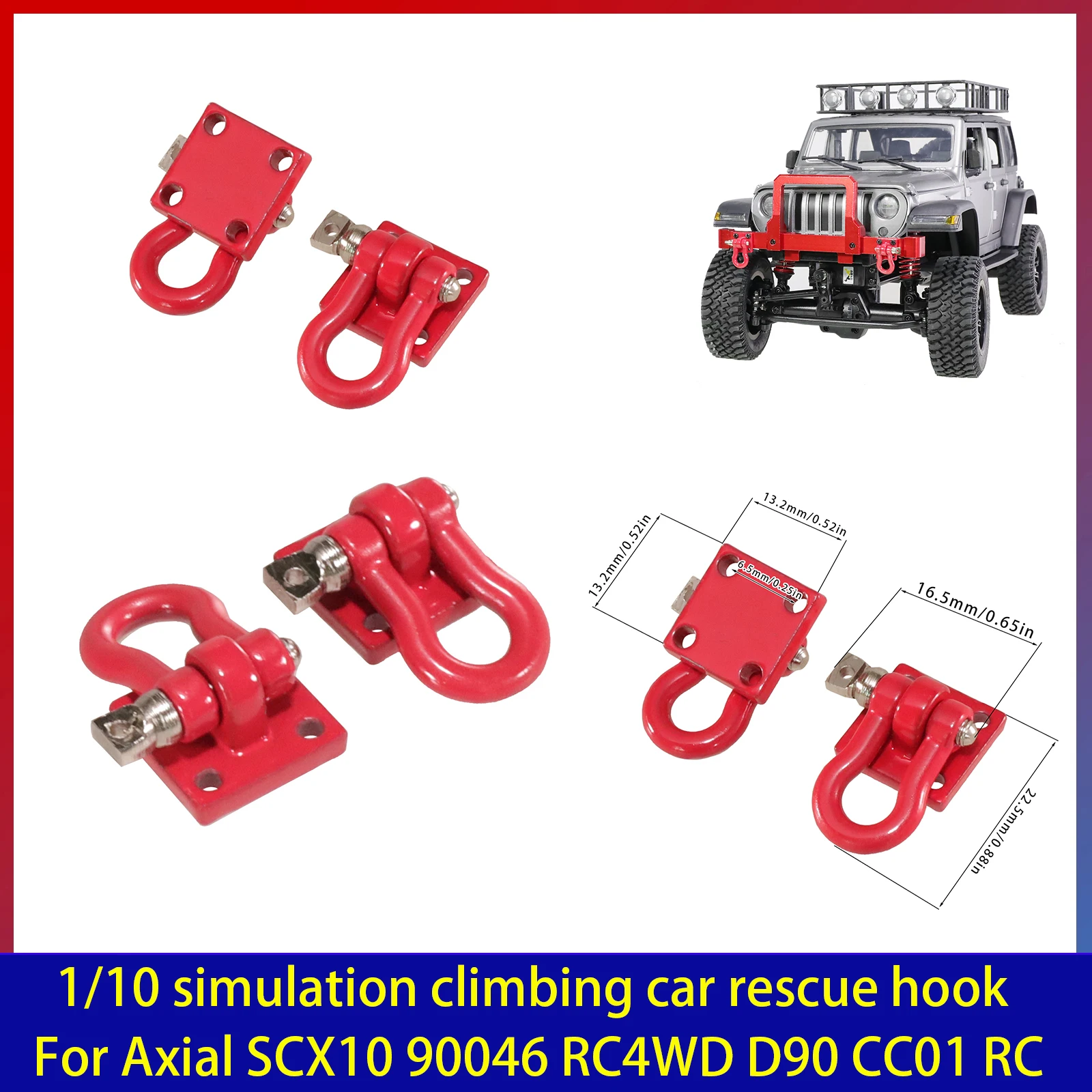 2szt Metalowy hak holowniczy do przyczepy wspinaczkowej Klamra, szekla wyciągarki Akcesorium do ciężarówki gąsienicowej RC w skali 1/10 D90 SCX10 Czerwony Czarny