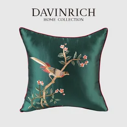 DAVINRICH 럭셔리 새틴 수 놓은 쿠션 커버 Magpies 헤럴드 즐거운 이벤트 영감 베개 케이스 에메랄드 레드 파이핑