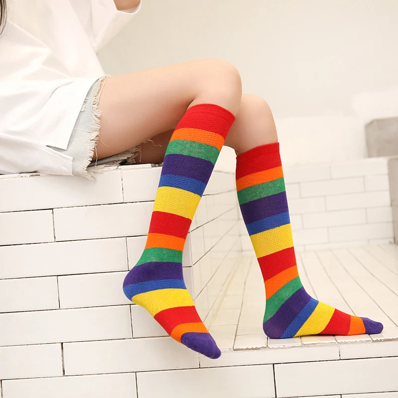 Girls' long tube socks spring and autumn color Korean version striped children's pile socks rainbow socks baby over knee socks