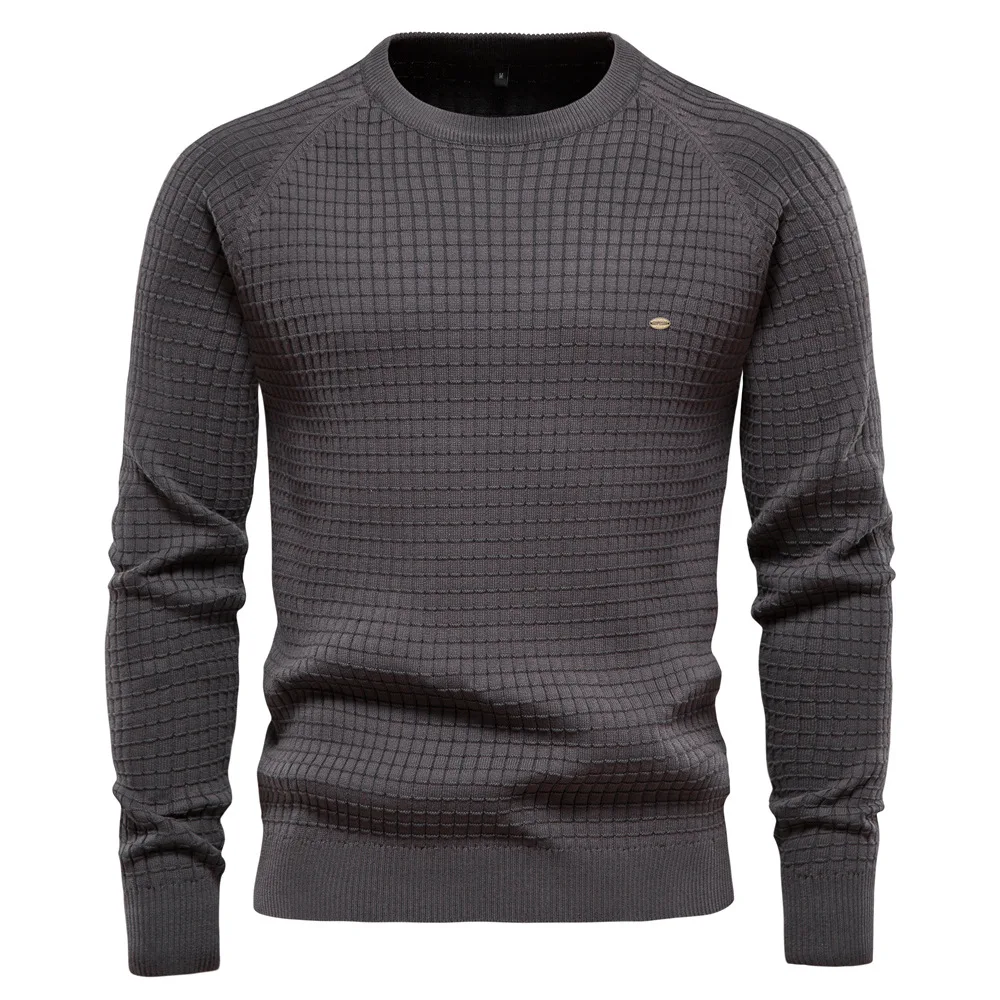 Men's Sweater Crew Neck Vintage Knitwear Men's High Quality Cotton Solid Backed Plaid Pullover Knitwear Men's men clothing