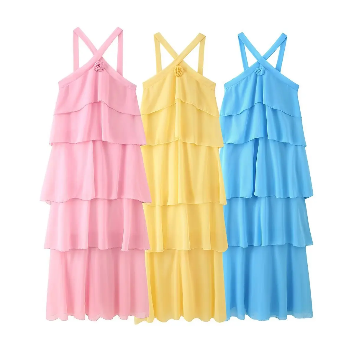 

2025 Holiday Summer Women's Dress Three-color Three-dimensional Floral Layer Hem Chiffon Dress Casual Beach Bohemian Long Dress